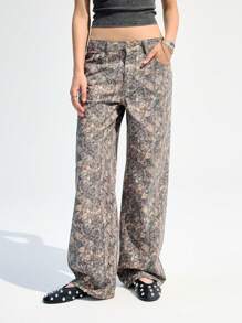 LYSMO Women's Pocket Branch Print Straight Relaxed Fit Casual Jeans - Multicolor - View 7