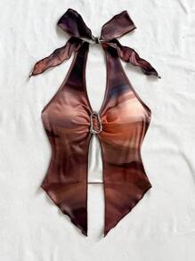 Soleia Women Tie-Dye Print Backless Halter Neck Slit Hem Sexy Top,Rave Top