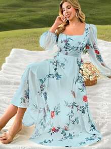 Celure Plus Size Elegant Rose Print Chiffon Waist Pleated Lantern Sleeve Dress, Suitable For Spring And Autumn,Valentine - Blue - View 1