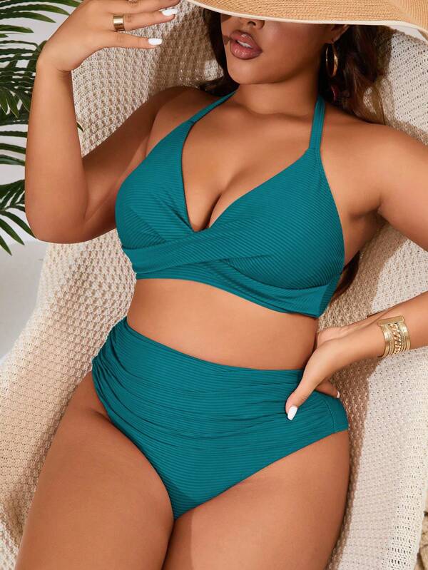 Slaydiva 2pcs/Set Plus Size Women Solid Color Spaghetti Strap Tankini Swimsuit
