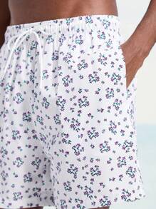 Manfinity VDAYZ Pantalones cortos de playa casuales para hombre con estampado completo, cintura con cordón y bolsillos