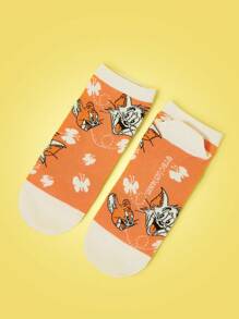 TOM & JERRY X SHEIN 1 Đôi tất cổ ngắn thời trang họa tiết hoạt hình dành cho nữ - trái cam - Xem 3