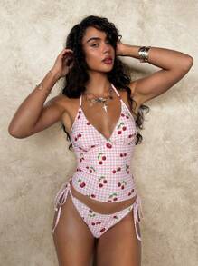 SHEIN Swim Sweet Cherry Grid Print Bikini Set