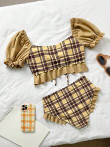 DAZY Women Summer Beach Plaid Pattern Puff Sleeve Drawstring Ruffle Bow & Solid Trim Swimsuit Set,Tankini Bathing Suit - Multicolor - View 8