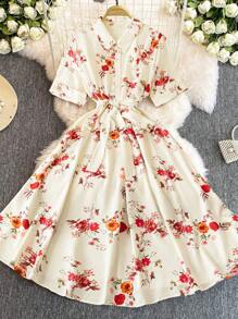 SHEIN LUNE Plus Size Women Elegant Floral Print Shirt Dress, Spring/Summer