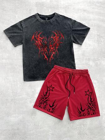 Goth Men's Gothic Washed Flame Print Short Sleeve T-Shirt And Drawstring Waist Shorts Set