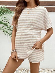 SHEIN 2pcs Maternity Striped Round Neck Short Sleeve Top And Adjustable Waist Shorts Set, Casual