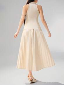 Modelyn 2 pezzi set donna: top senza maniche con bottoni sul davanti e gonna tinta unita - Albicocca - Visualizzare 2