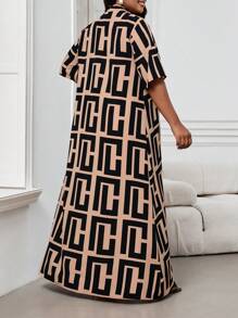 SHEIN Lady Plus Size Women's Geometric Print Short Sleeve Front Button Long Shirt And Pants Casual Plus Size Two Pieces Set - Multicolor - View 2