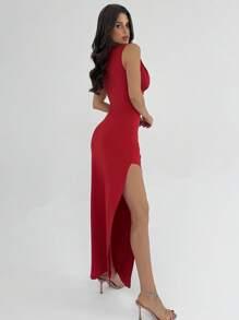 Firerie Đầm Maxi hở lưng không tay xẻ cao xếp ly chữ V sâu màu đỏ thời trang dự tiệc/hẹn hò thanh lịch cổ điển mùa xuân/hè gợi cảm - Đỏ - Xem 3
