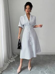 SHEIN PETITE Black & White Striped Lapel Waist Flared Midi Dress - Black and White - View 6