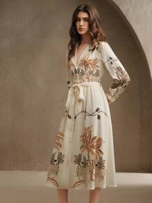 Anewsta 女装春夏高端椰子树时尚优雅印花飘逸长袖连衣裙