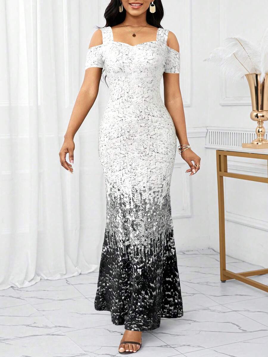 SHEIN Lady 女士优雅渐变色仿亮片印花露肩鱼尾连衣裙 - 彩色 - 查看 1