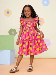 Vestido casual de gasa con cuello con volantes y estampado floral menudo para niña - Rosa Fucsia - Ver 5