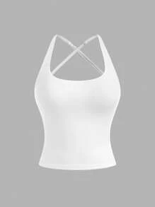Girlism TEENGIRL White Minimalist Hollow Back Sports Tank Top, College Tank Top, Solid Color Tank Top - White - View 2