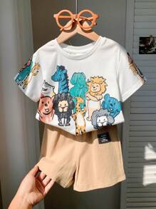 SHEIN Leap Crew 2 pièces/Set Débardeur maillots T et shorts pour bébés garçons/filles, style décontracté mignon avec imprimé animal au crayon, col rond, épaules tombantes, tricot ample. 2 pièces, tenue appropriée pour le printemps et l'été, pour porter à l'intérieur et à l'extérieur - Kaki - Voir 5