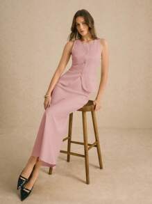 Poéselle 2件套极简主义时尚单排扣背心裙套装优雅休闲秋冬简约日常 - 粉色 - 查看 6