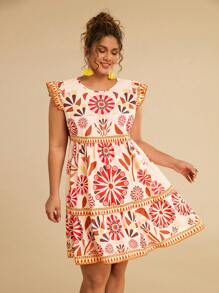 Travachic فستان كاجوال بأكمام قصيرة وياقة طاقم مع طباعة زهرية للنساء البدينات - وردي - مشاهدة 1