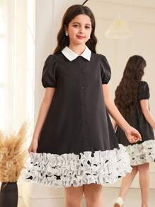 SHEIN Tween Girl Casual Color Block Peter Pan Collar Short Sleeve A-Line Dress