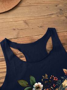 SHEIN LUNE Áo tank top nữ kiểu dáng thường ngày với họa tiết bướm và hoa, thích hợp cho mùa hè, phong cách thường ngày. - Màu xanh hải quân - Xem 5
