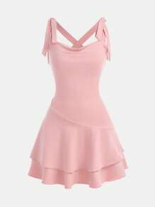 Girlism Teens Girl Knit Ruched Waist A-Line Ruffle Hem Casual Bow Strap Sundress - Pink - View 6