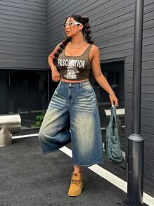 SHEIN ICON Women Plus Size High Waist Loose Pocket Capri Wide Leg Casual Jeans