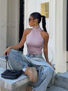 Chiquease Women's Slim Fit High Collar Sleeveless Solid Knit Top - Purple - View 5