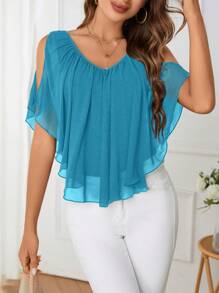 SHEIN Clasi Women's Casual Solid Color Open Shoulder 2 In 1 T-Shirt, Summer - Teal Blue - View 5