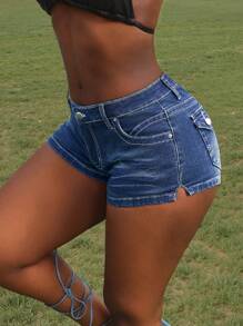 Slaydiva Women's Summer Fashion Washed Embroidered Side Slit Denim Shorts - Blue - View 1