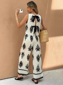 SHEIN Frenchy Women's Casual Printed Sleeveless Crew Neck Top And Pants, Simple And Fashionable For Summer, Summer Outfits For Women Vacation Outfits Women Beach Outfits For Woman 2 Pieces Sets Woman Boho Women's Clothing,Summer Sets Flower - Apricot - View 2