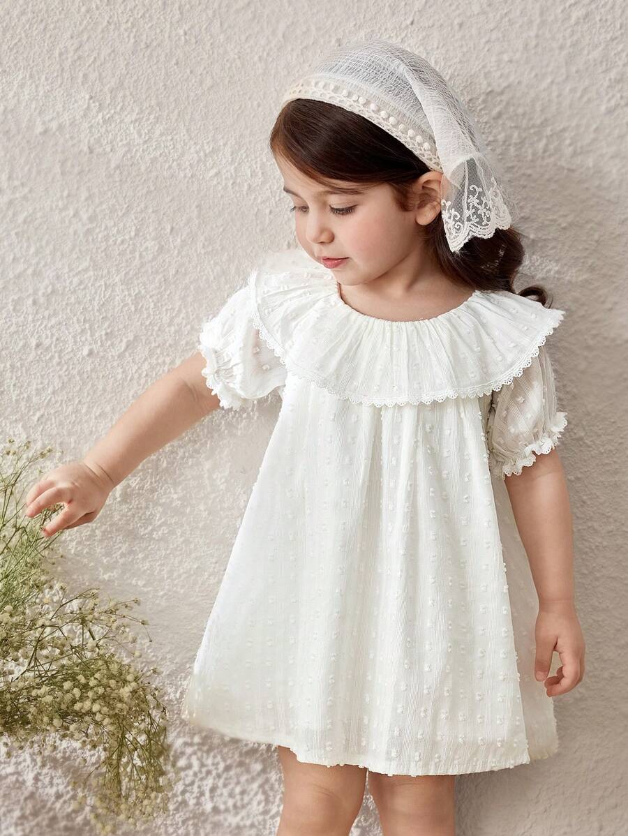 Blossori Baby Mädchen französisch elegantes, locker gewebtes weißes Kleid, Frühling/Sommer - Weiss - Übersicht 1