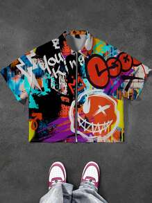 SHEIN Áo sơ mi cổ bẻ họa tiết hoạt hình tối giản giản dị dành cho bé trai tuổi teen, phù hợp cho mùa hè - Nhiều màu - Xem 1