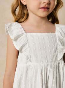 SHEIN Young Girls Elegant White Ruffle Trim Dress, Spring/Summer - White - View 4