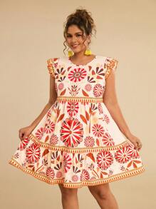 Travachic فستان كاجوال بأكمام قصيرة وياقة طاقم مع طباعة زهرية للنساء البدينات - وردي - مشاهدة 3