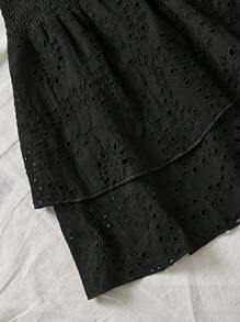 SHEIN Unity Black Strapless Lace-Up Decor Patchwork Hollow Out Embroidery Trim Ruffle Hem Asymmetrical Elasticated Waist Crop Dress - Black - View 5
