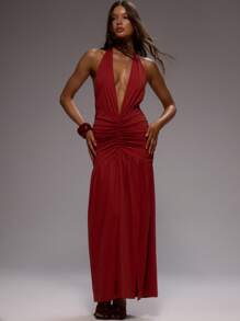 MUSERA Vestido largo elegante de cuello en V con escote profundo, cintura fruncida, abertura en la pierna, ideal para primavera, verano, bodas, graduaciones y eventos formales - Rojo - Ver 1