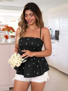 KURAYIA Blusa de tirantes con estampado de mariposa y cintura anudada en talla grande para mujer, ideal para el verano