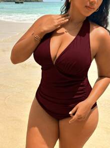 Swim Lushoire 1 pieza Traje de baño de una pieza con cuello halter de unicolor y talla grande, minimalista y de moda, apropiado para el verano