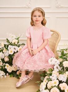 SHEIN Glamorique Kids Young Girl Pink Bowknot Back Elegant Short Sleeve Dress - Pink - View 4