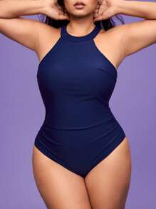 SHEIN Swim Curve Đồ bơi một mảnh hở lưng có dây rút cỡ lớn cho nữ - Màu xanh hải quân - Xem 7