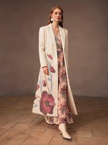 MOTF PREMIUM EMBROIDERY FLORAL PATTERN PEAK COLLAR LONGLINE OVERCOAT - White - View 4