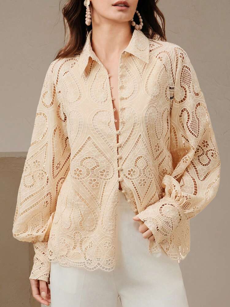 Women's Elegant Hollow-Out Vintage Loose Lantern Sleeve Lace Trim Long Sleeve Shirt, Suitable For Vacation, Festival, Casual Wear, Summer