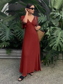 SHEIN Frenchy 女士纯色长裙，简约时尚短袖，适合夏季 - 酒紅色 - 查看 1