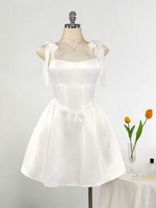 SHEIN ICON Plus Size Square Neck Bowknot Strap Rhinestone Decor Waist A-Line Dress, White Wedding Guest Dress,Corset Dress - White - View 7