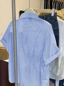 SHEIN Women Plus Size Striped Short Sleeve Single-Breasted Casual Loose Shirt
