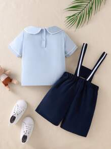 Souflis Souflis 2pcs Baby Boy Outfit: Light Blue Collar Top & White Bib Shorts With Cute Carousel Print, Casual Set - Navy Blue - View 2
