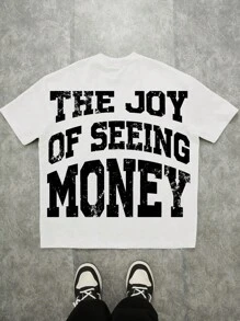 SHEIN EZwear 休闲复古街头服饰 Y2K 黑色肖像、美元钞票涂鸦风格图形、超大字母印花男女通用宽松短袖 T 恤，适合夏季 - 彩色 - 查看 3