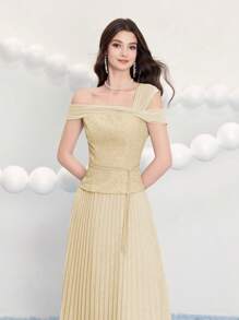 Poshira Women Jacquard Gathered Waist Pleated Cocktail Dress, Party Dress, Prom Dress - Apricot - View 4
