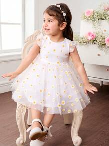 Babygirl Cute & Elegant White Floral Print Mesh Cap Sleeve Summer Mini Dress - White - View 2