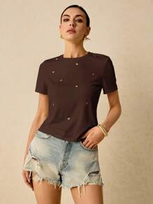 Poéselle 女士金线刺绣心形印花休闲日常装短袖 T 恤，夏季 T 恤女士 T 恤棉质茶会服装刺绣上衣 T 恤夏季上衣 - 咖啡棕 - 查看 7